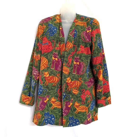 Patchington Cat Blazer Jacket Oversized Womens Small Boho Artsy Quirky Whimsical - Picture 1 of 12